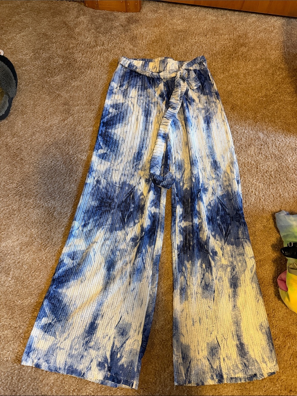 Blue & White Tie-Dye Swim Coverup Pants with Waist Tie